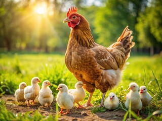 Fototapeta premium organic free range hen with chicks on a rural farm on a sunny day. Mother hen in freedom surrounded by newborn chicks. Free range hen concept on organic farm