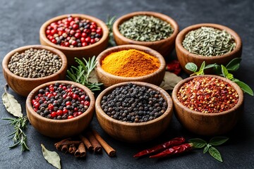 Fototapeta premium A variety of spices are displayed in wooden bowls on a counter