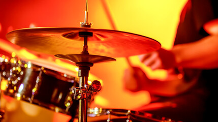 Naklejka premium Dynamic Drum Solo: A close-up shot captures the energy of a drummer's hi-hat during a vibrant performance, bathed in warm, dramatic lighting.