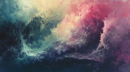 Fototapeta premium An abstract, colorful landscape with swirling clouds and textures, resembling a stormy seascape