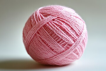 A pink ball of yarn sits on a white surface