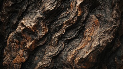 A close-up of a textured, dark brown surface with intricate patterns and grooves