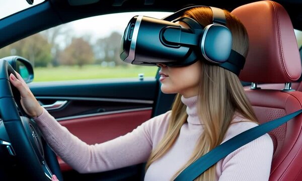 A young woman immerses herself in a virtual reality driving experience while seated in a sleek, modern car, demonstrating cutting-edge technology in motion