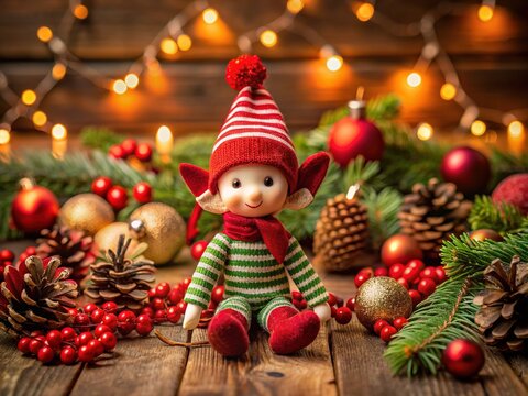 Adorable red Christmas elf figurine sitting on a wooden table surrounded by festive holly, pinecones, and ornaments, with a warm golden lighting ambiance.