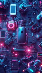 Fototapeta premium Futuristic Cyber Monday Ad Featuring Advanced Tech Gadgets with Neon Accents and Glitch Effects