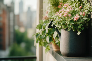 Obraz premium Urban Gardening: Beautiful Balcony Plants in the Morning Light with Cityscape Background