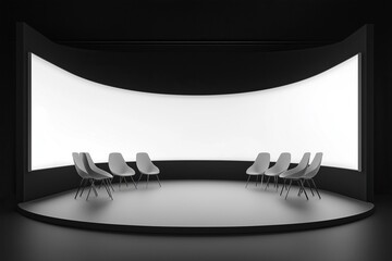 Contemporary corporate meeting room with a curved projection screen and chairs