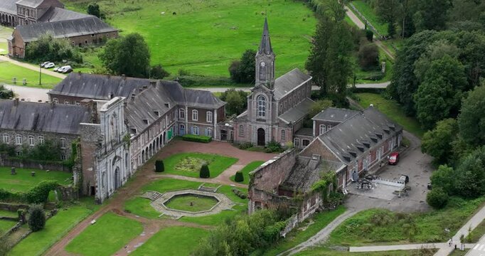 Aerial drone video, Ruins Abbey of Aulne at the Sambre , Gozee , in Thuin, Belgium