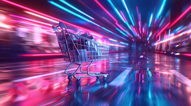 Futuristic Cyber Week Advertisement with Virtual Shopping Cart for Luxury Fashion Sales Promotion