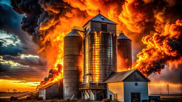 A towering inferno engulfs a majestic silo, flames licking the darkening sky as the structure stands defiant amidst a sea of smoldering embers.