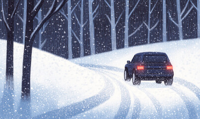 SUV Driving Through Snowy Forest in a Winter Blizzard
