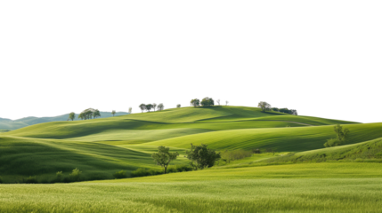 Tranquil countryside landscape with rolling hills and farm fields isolated on transparent and white background, cut out png