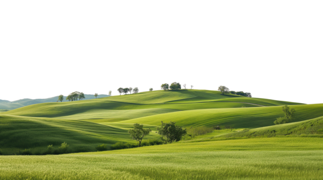 Tranquil countryside landscape with rolling hills and farm fields isolated on transparent and white background, cut out png