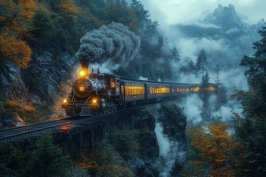 A train is traveling through a forest with smoke coming out of the engine