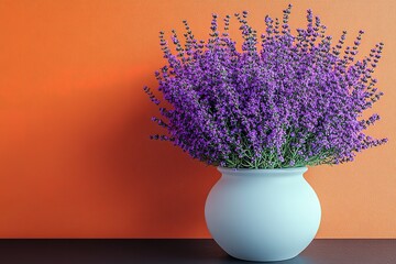 A vase of lavender flowers sits on a table