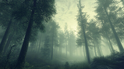 Obraz premium A foggy morning in a quiet forest with tall trees. 