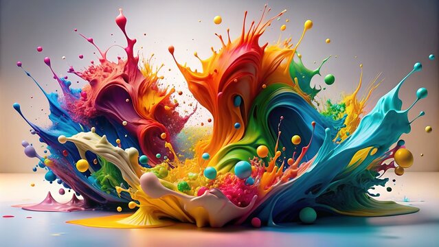 Vibrant splashes of colorful paint form unique geometric shapes on a white background, creating an abstract and dynamic composition with bold textures and patterns.