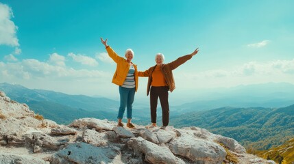 Obraz premium Two happy active seniors having fun at the top of the mountain. Couple of mature people enjoying and having fun in vacations. Traveling lifestyle