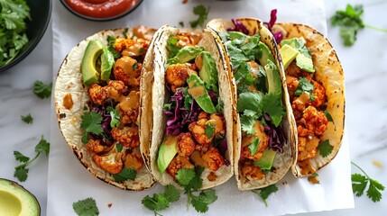 Vegan cauliflower tacos with avocado cilantro and sauces on a light backdrop