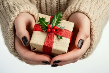 Hands gently cradle a small, festively wrapped gift adorned with holly and a red ribbon, showcasing the holiday spirit