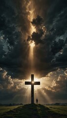 Light breaks through clouds over a cross, symbolizing hope in Christianity.