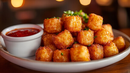 Plate of golden brown tater tots with a side of ketchup