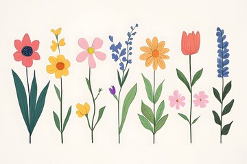 Colorful hand-drawn wildflowers and plants