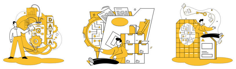 Work with data vector illustration. Analytics is secret sauce transforms raw data into strategic intelligence Data analytics metaphorically acts as alchemist, turning data into golden insights