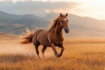 Obraz premium a majestic arabian horse galloping gracefully through the mountains at dawn its mane fluttering in the wind bathed in soft morning light creating a captivating scene of freedom