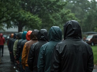 Line of people in hoods, facing away in the rain.
