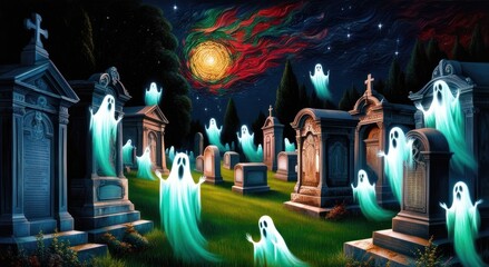 Obraz premium Beautiful autumn color painting showing old cemetery, ghosts and full moon before Halloween