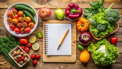 Fresh organic fruits and vegetables surround a wooden cutting board with a notebook, pen, and kitchen scale, symbolizing healthy meal planning and nutrition coaching.