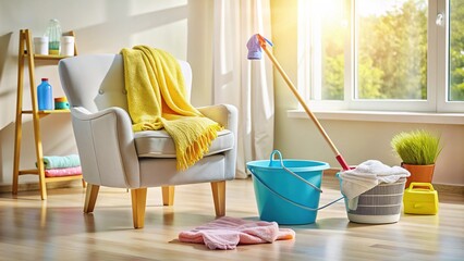 aquiety morning scene with a mop and bucket, cleaning supplies, and fresh laundry draped over a chair, evoking a sense of warm maternal care.