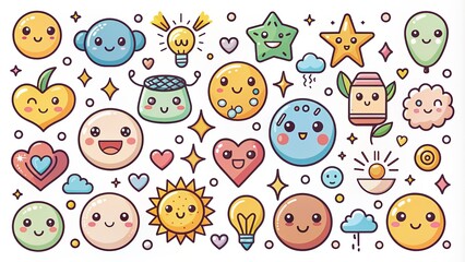 Whimsical hand-drawn doodle icon set featuring cute cartoon emotion effects and decoration symbols in various line movements and element designs for creative projects.