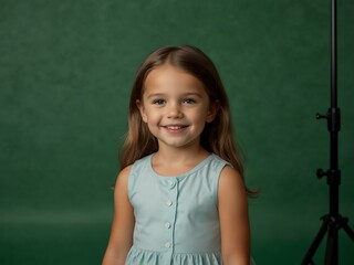 Little girl smiling and posing against a green screen.