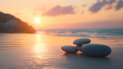 Zen stones on the beach symbolizing relaxation and meditation during sunset Copy space image Place for adding text or design