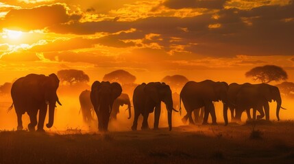 Fototapeta premium Majestic Elephant Herd Walking Across Golden Savannah Sunset - Wildlife Nature Photography