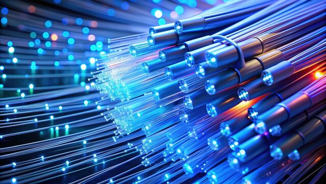 Close-up of colorful fiber optic cables and connectors with glowing blue light emitting from the connections, showcasing high-speed data transmission technology.