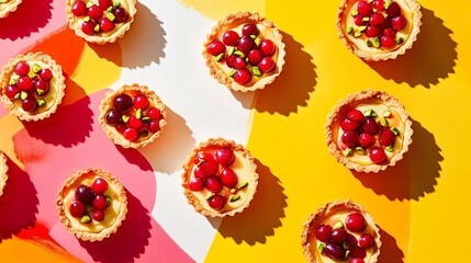 Cherry and pistachio tartlets, arranged on a matte white surface with a vibrant yellow and orange abstract backdrop
