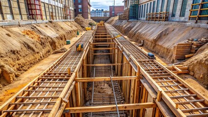 A deep trench excavated for construction of a new building, with steel reinforcement bars and wooden planks lining the walls, surrounded by excavated earth.