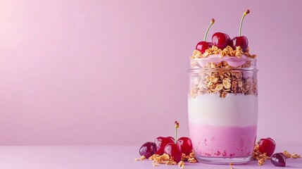 Cherry and yogurt parfait with granola, served in a glass jar against a soft pastel purple background