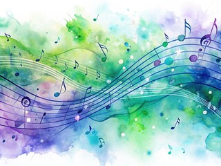 Obraz premium Vibrant watercolor background featuring abstract musical notes in shades of blue, green, and purple, flowing harmoniously in a long, wavy composition.