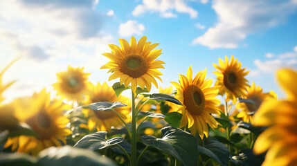 Obraz premium A field of sunflowers in full bloom under a clear summer sky. 