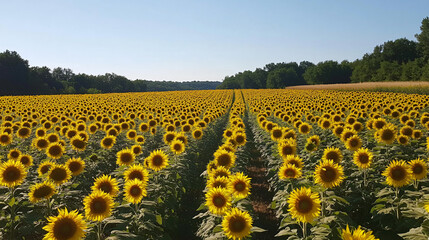 A field of sunflowers in full bloom under a clear summer sky. 