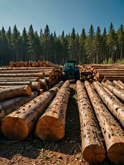 Lumber stacks and loader in a forest under a blue sky.
