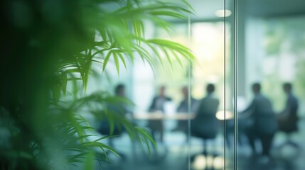 Blurred background of business people in a modern office framed by green office plants