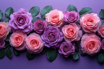 Obraz premium A bouquet of pink and purple roses are arranged in a row