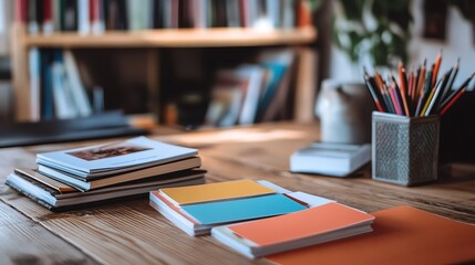 A stack of colorful notebooks sits on a wooden desk, a bookcase and pencils are in the background.