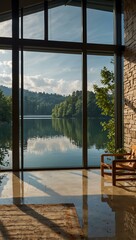 Luxury apartment interior with window walls facing a serene lake.