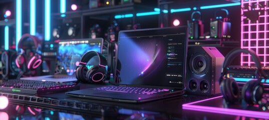 Fototapeta premium Cyber Week Luxury Electronics Banner with High-Performance Laptops and Gaming Gear for Promotional Design